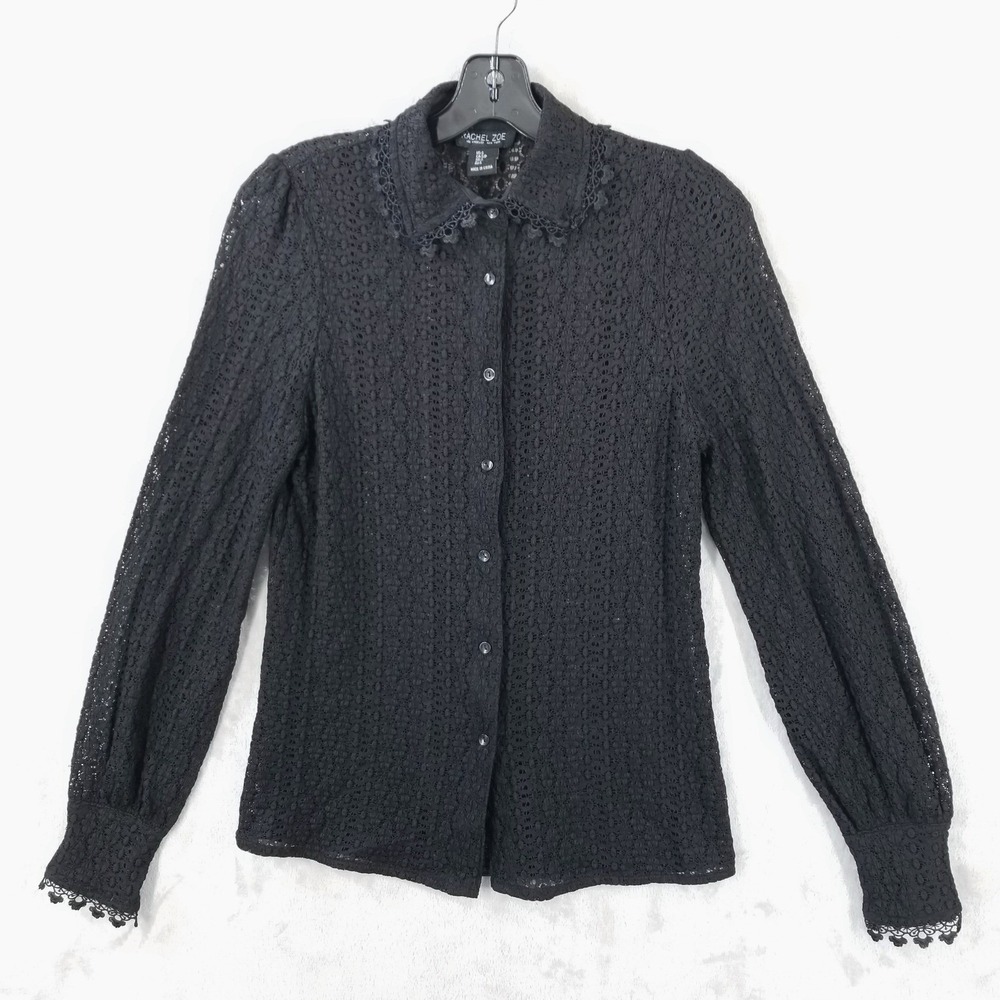 Rachel Zoe Black Lace Blouse Stretch Button Up Womens Small‎ Whimsigoth Witchy
